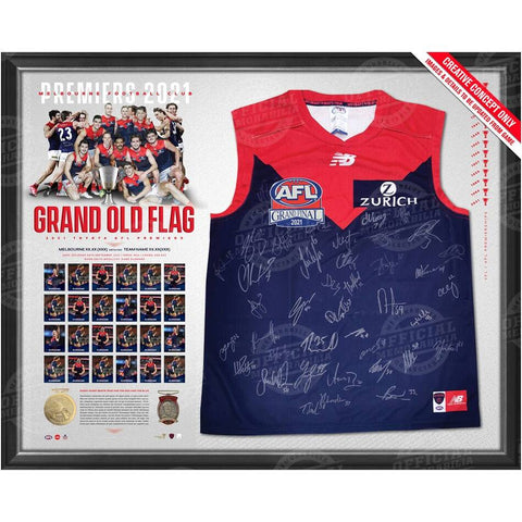 PRE-ORDER MELBOURNE 2021 PREMIERS OFFICIAL TEAM SIGNED GUERNSEY FRAMED - 4869