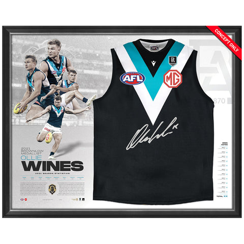 Ollie Wines 2021 Signed Official AFL Port Adelaide Brownlow Medal Guernsey Framed - 4862