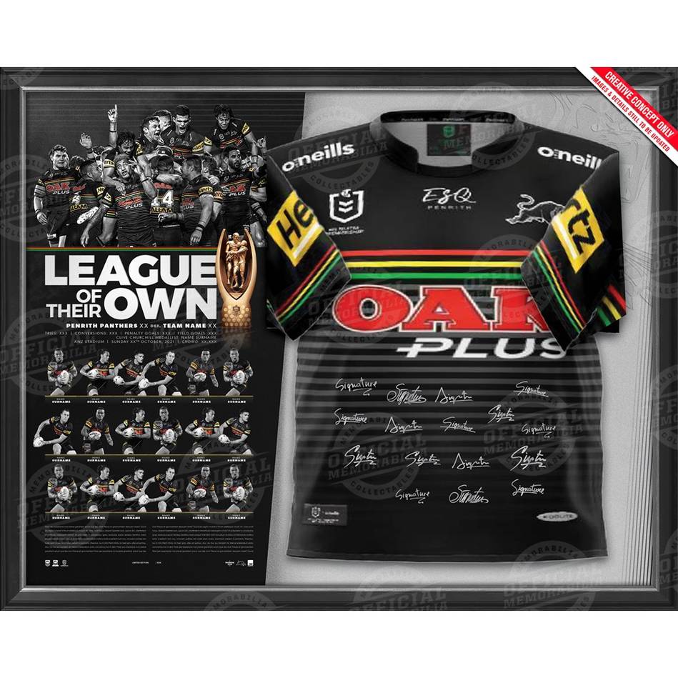 PRE-ORDER PENRITH PANTHERS 2021 PREMIERS TEAM SIGNED JERSEY FRAMED - 4890