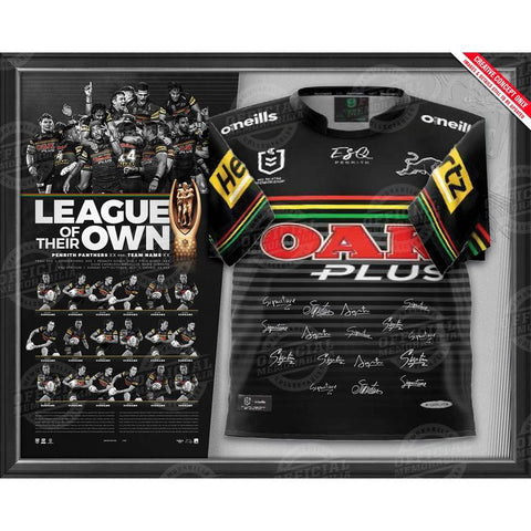 PRE-ORDER PENRITH PANTHERS 2021 PREMIERS TEAM SIGNED JERSEY FRAMED - 4890