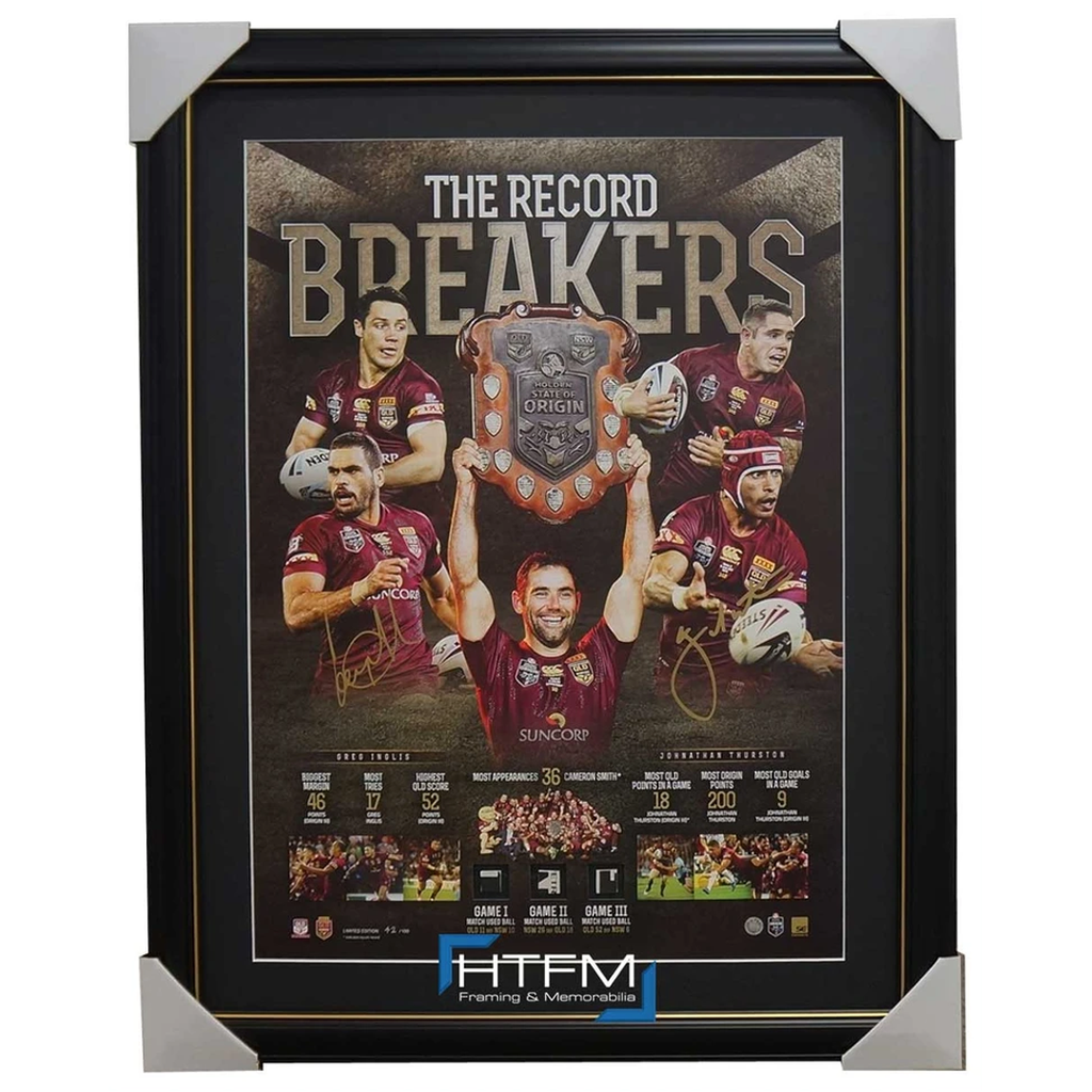 Queensland 2015 State of Origin Signed Official Lithograph Framed the Record Breakers Greg Inglis Johnathan Thurston - 2509