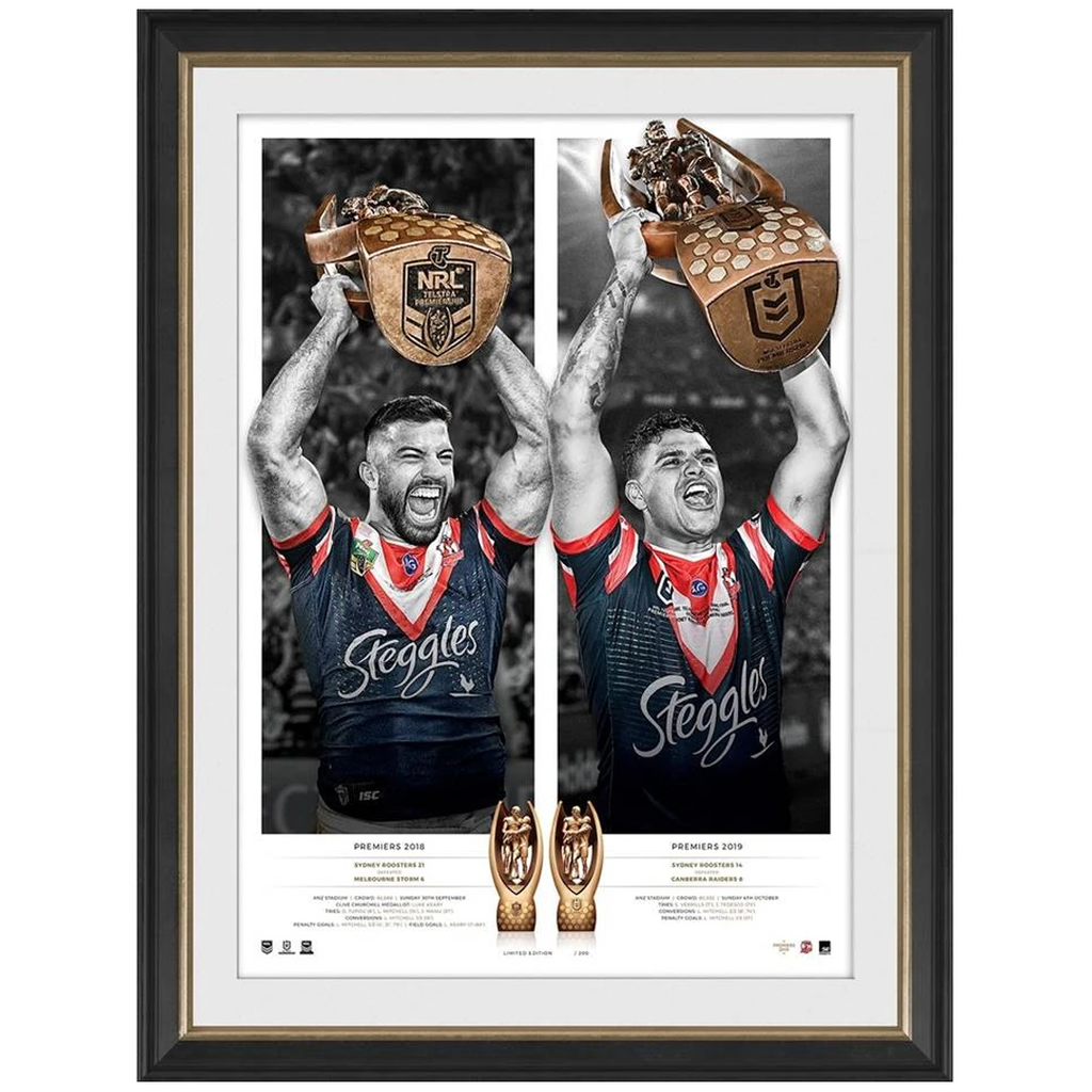Sydney Roosters 2019 Nrl Premiers Dual Signed Official Icon Series Frame Tedesco Mitchell - 3837