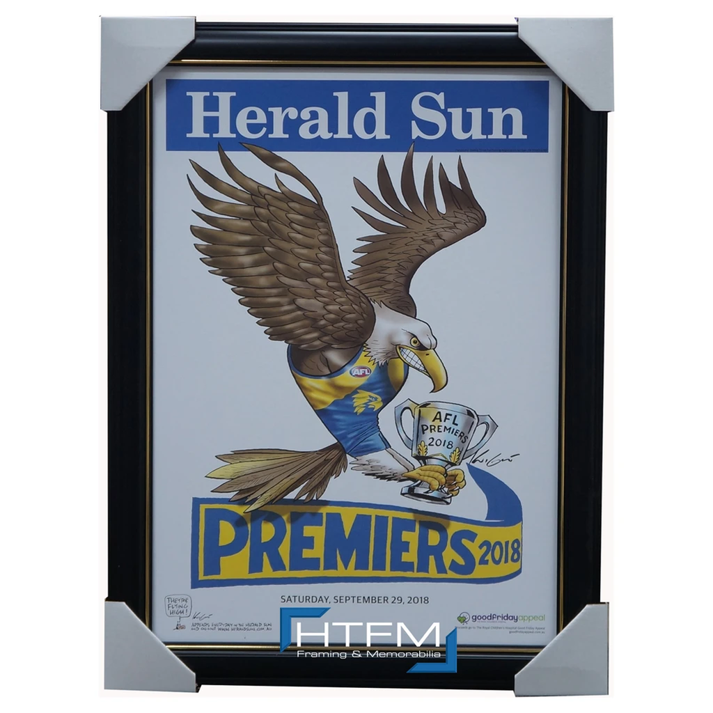 West Coast Eagles 2018 Premiers Herald Sun Poster Frame Black Gold Mark Knight in Stock - 3501