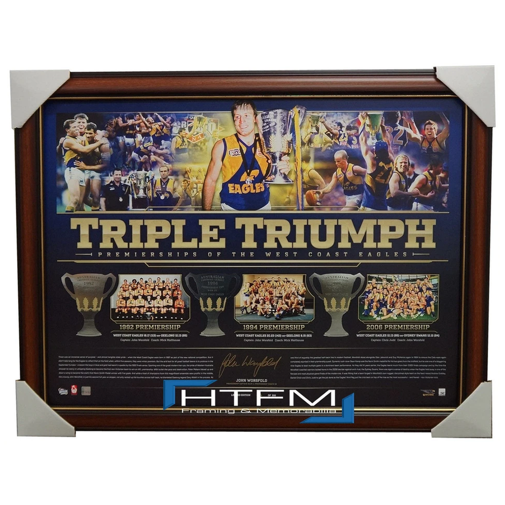 West Coast Eagles Triple Triumph Premiership Signed by John Worsfold Print Framed Afl - 2669